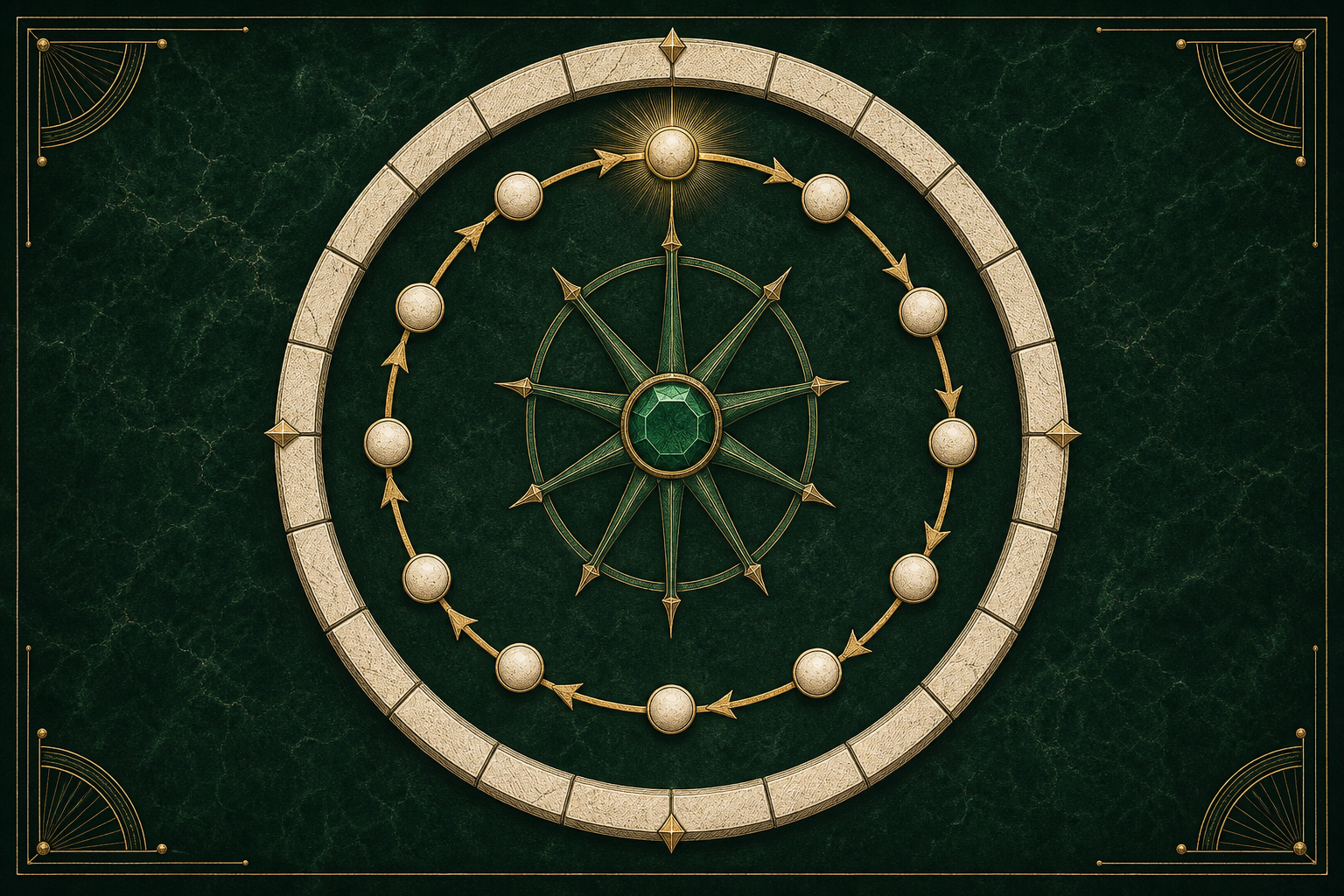 A gold modular orbit advances through successive powers of one emerald unit and closes at a distinguished ivory unit residue.