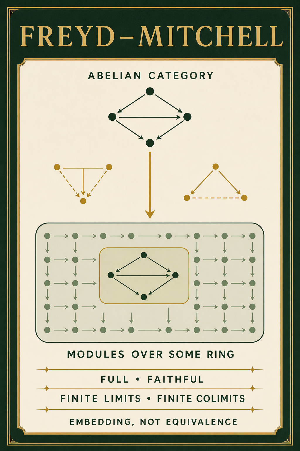 A dark green and ivory theorem poster sends an abelian category downward into a highlighted proper subdiagram of modules over some ring and states full, faithful, finite-limit, and finite-colimit preservation.