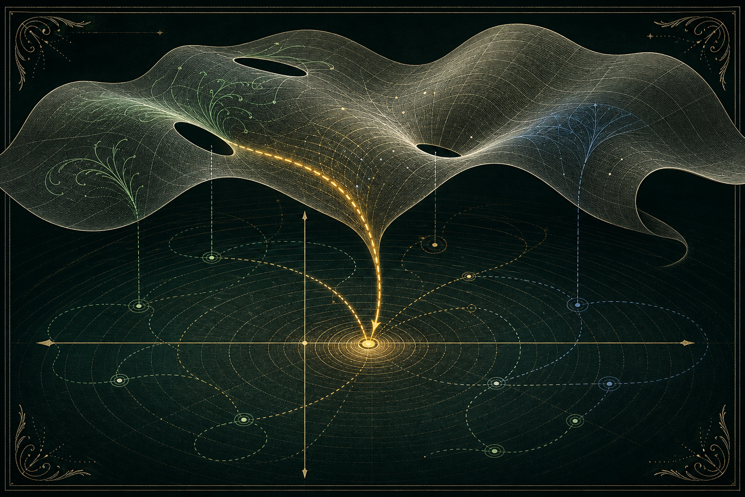A many-sheeted ivory polynomial surface narrows toward one luminous gold point on an abstract complex plane.