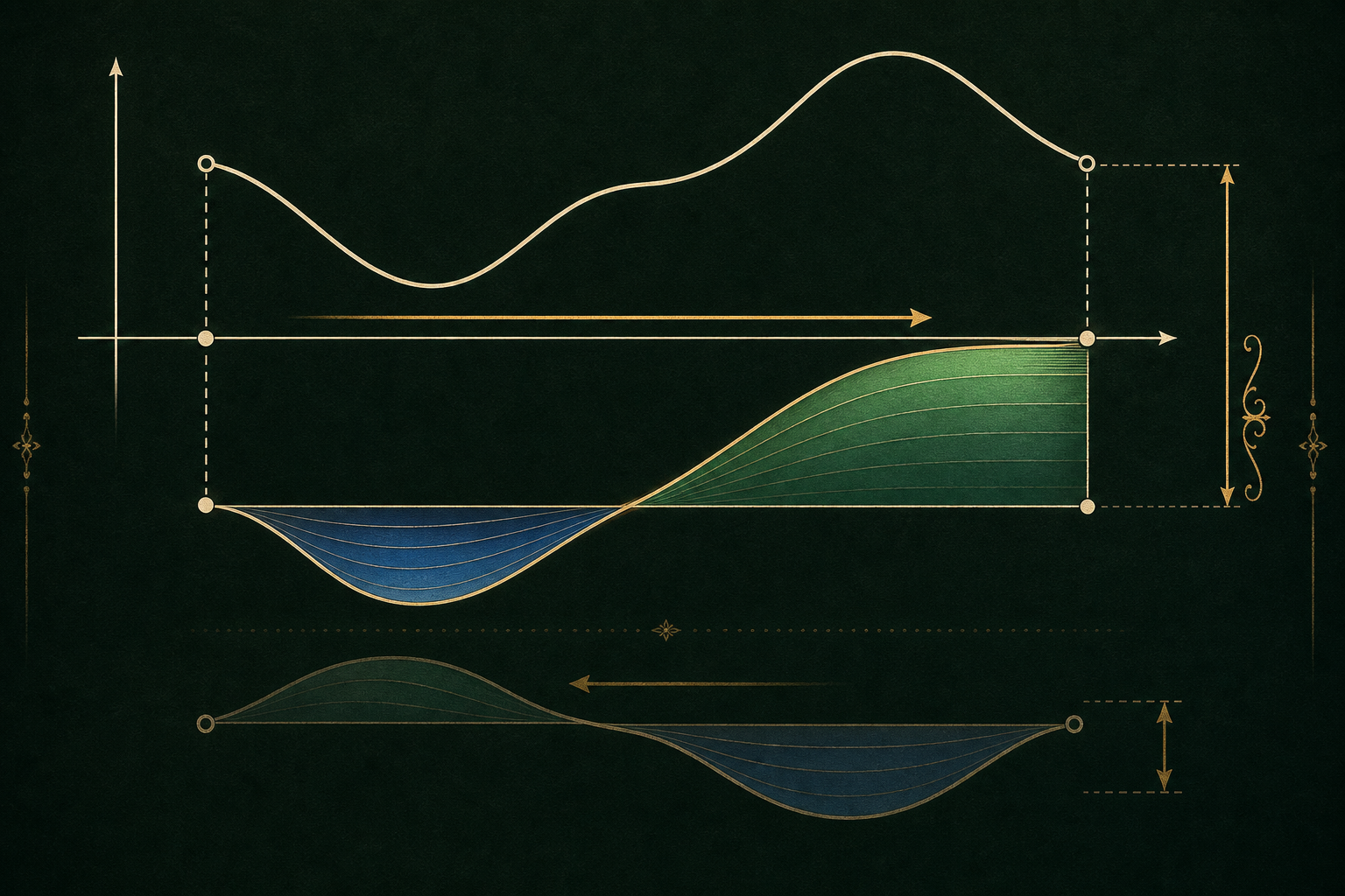 A smooth curve spans two endpoints above layered blue and green signed accumulation, ending at one vertical endpoint difference.