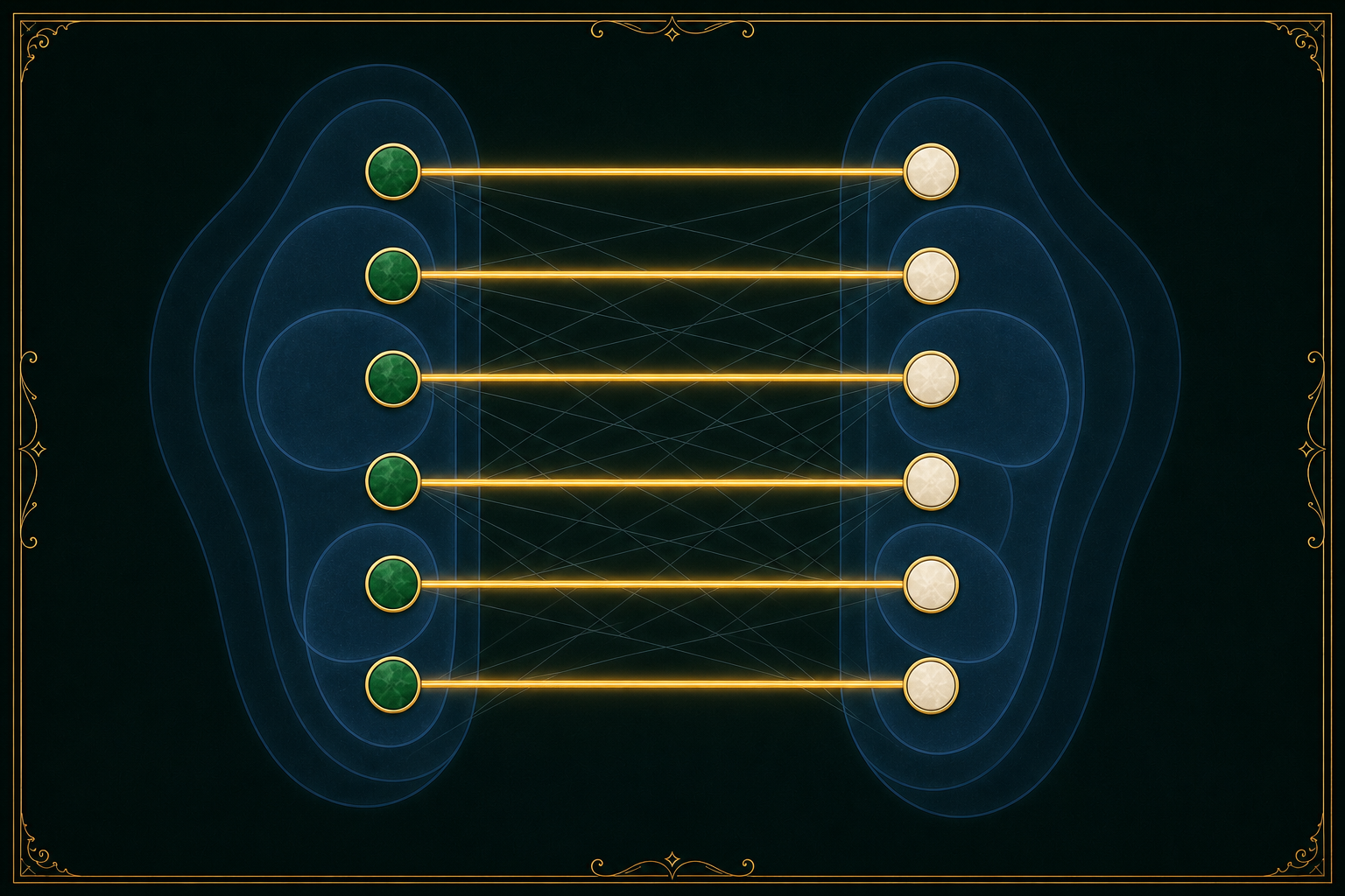 Six emerald vertices and six ivory vertices are paired row by row by six gold edges, with faint alternative bipartite edges and nested neighborhood contours.