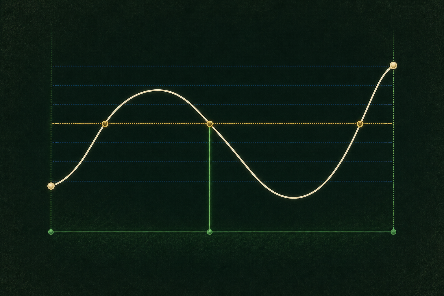 A continuous warm-ivory curve travels between two green endpoint markers while an antique-gold horizontal level meets the curve above a point inside the interval.