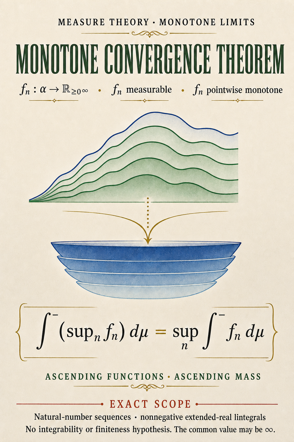 An ivory measure-theory poster states the measurable pointwise-monotone hypotheses and the equality between the lintegral of a pointwise supremum and the supremum of the lintegrals.