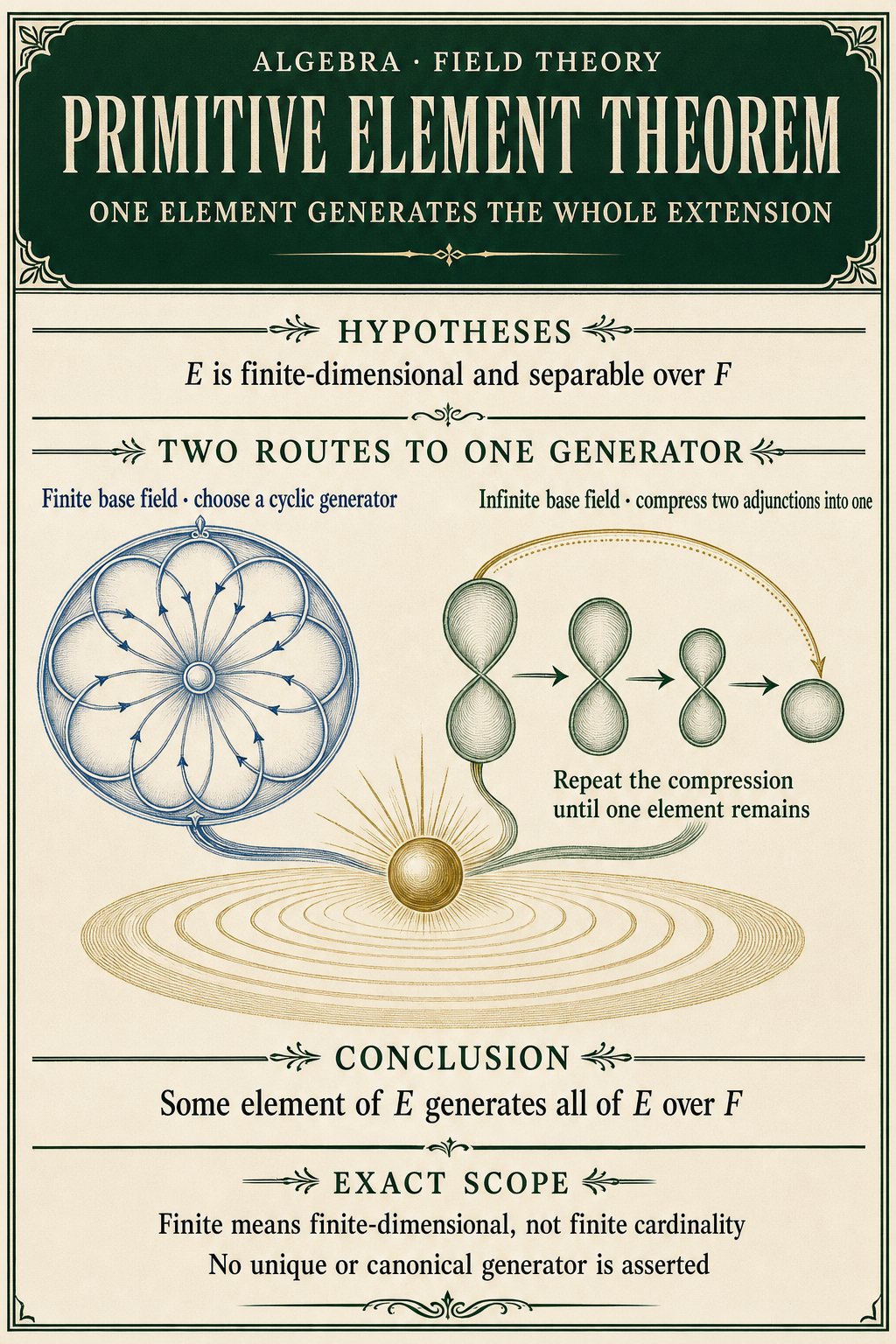 An ivory and dark-green field-theory poster explains that a finite-dimensional separable extension has one generator and shows the finite and infinite base-field proof routes converging.