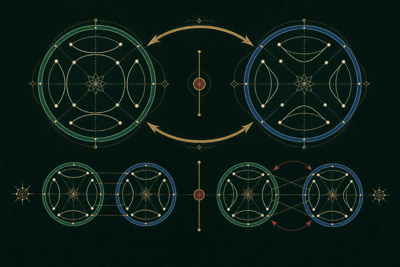 Emerald and cobalt residue circles exchange two gold arrows, with aligned and parity-reversed echoes below.
