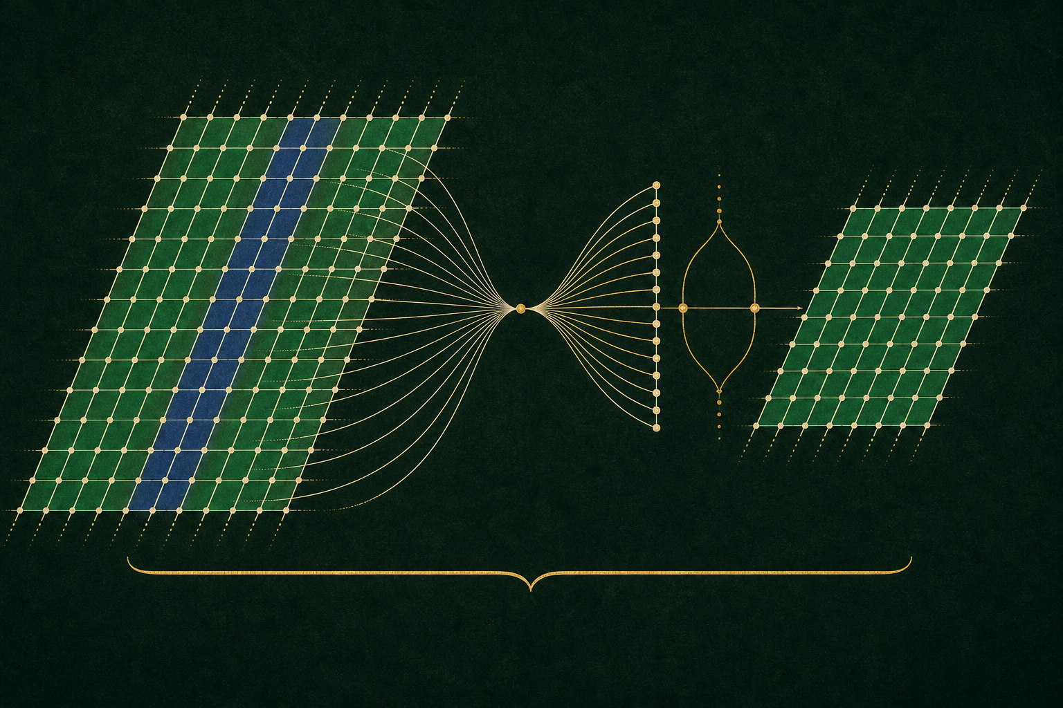 A broad green domain lattice is covered by parallel coset fibers, with one cobalt kernel direction; every full fiber collapses to an emerald quotient point and the quotient reorganizes into the range under one gold balance brace.