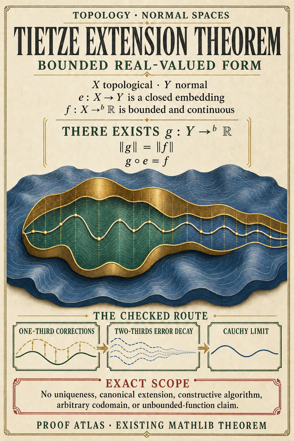 An ivory topology poster states the closed-embedding Tietze extension theorem, shows a continuous profile extending from a sealed inset across a larger normal space under shared norm bounds, and summarizes one-third corrections, two-thirds error decay, and a Cauchy limit.