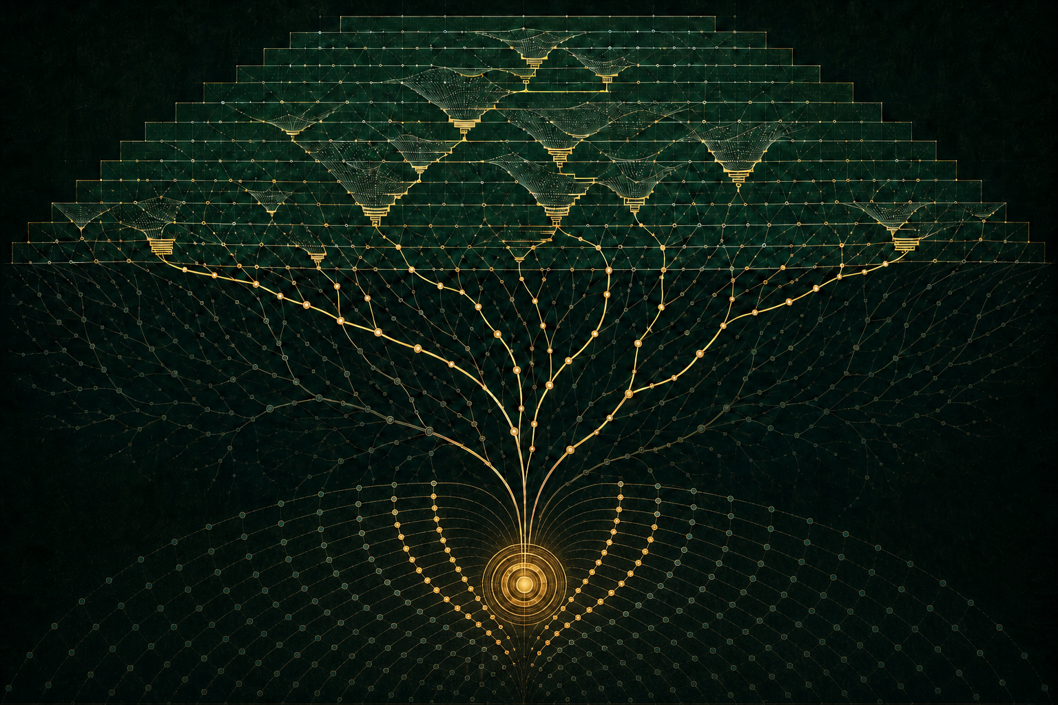 On a deep forest-green field, a fixed gold target anchors a broad accelerated-Collatz predecessor canopy. Selected gold branches rise through many muted candidate paths toward a structured level-18 residue and certificate lattice.