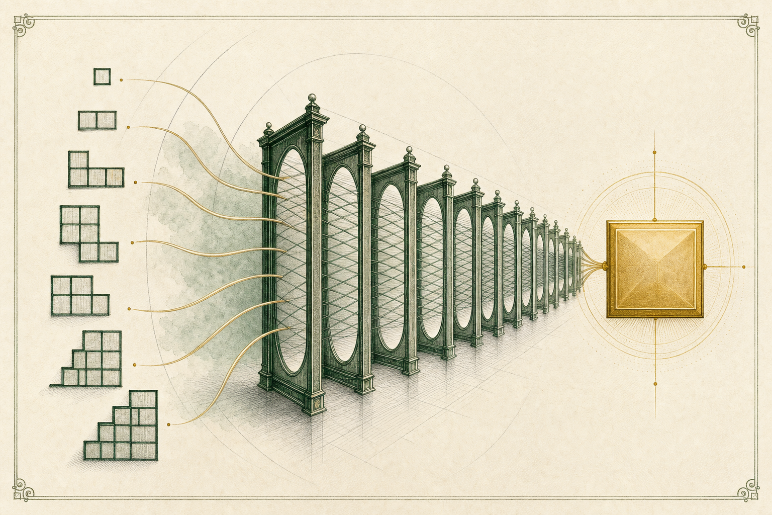 A procession of engraved Young diagrams enters an infinite forest-green product loom and collapses to one neutral antique-gold constant tile.