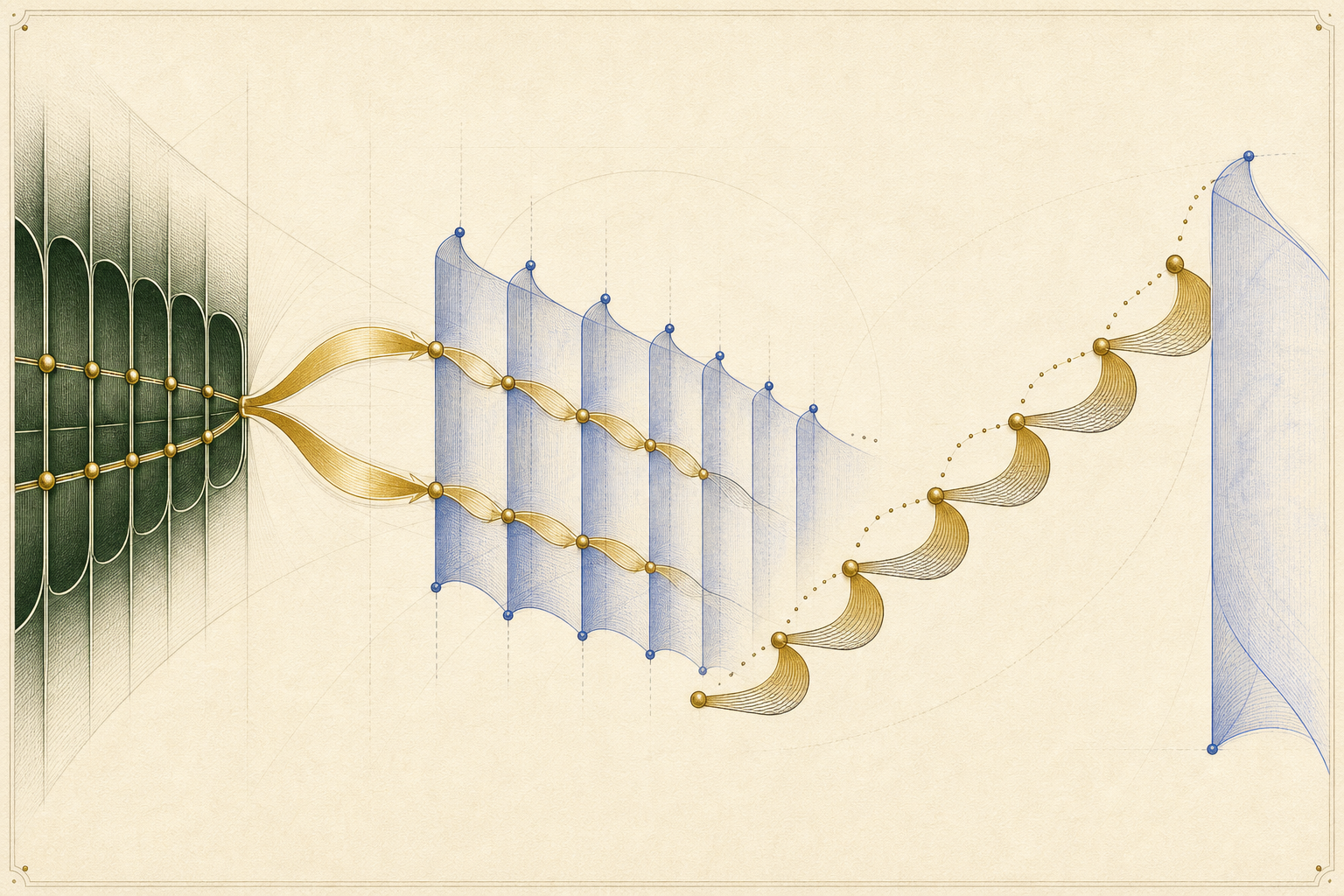 A forest-green Euler-product loom releases alternating antique-gold gamma ribbons at sparse landings while one translucent cobalt tail veil continues beyond the finite expansion.