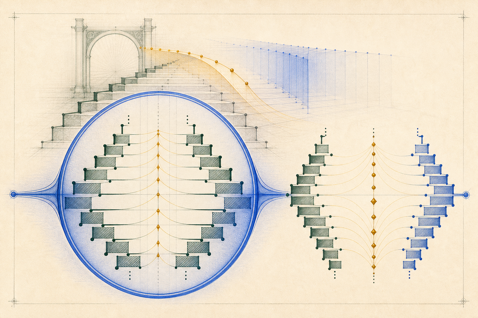 A cobalt coefficient lens fixes one finite coefficient horizon while a sparse paired staircase grows beyond it and the translucent remainder veil recedes into the distance.