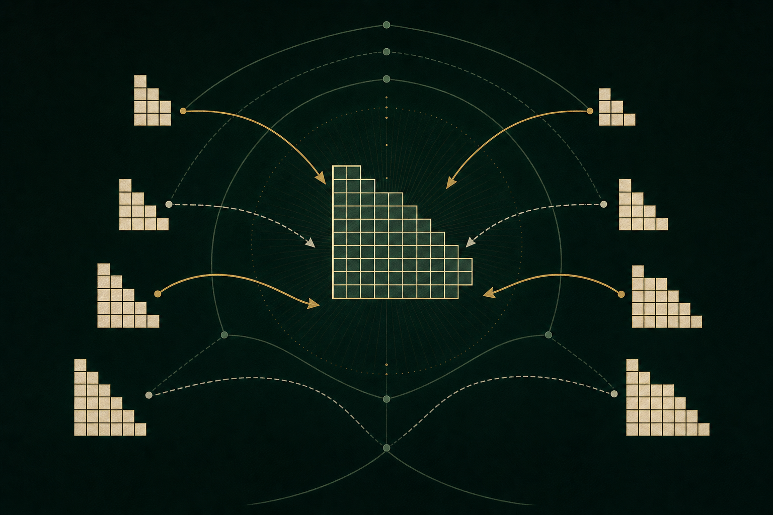 Paired partition-diagram forms connected by alternating solid and dashed contribution arcs at the sparse generalized-pentagonal offsets.