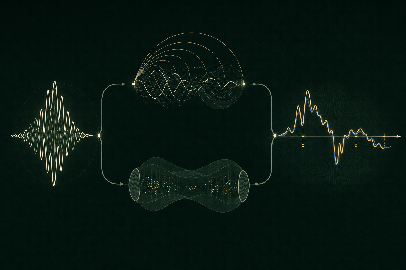 One complex waveform enters a green integral-transform channel and a cobalt L² channel, which return as nearly coincident gold output traces with only isolated null-set exception marks.