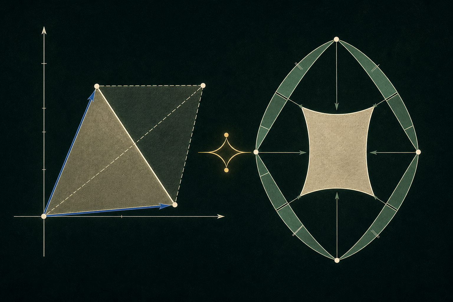 A scalene coordinate triangle and determinant parallelogram balance against four interlocking side-length factor bands, with gold correspondence paths joining the two descriptions of area.