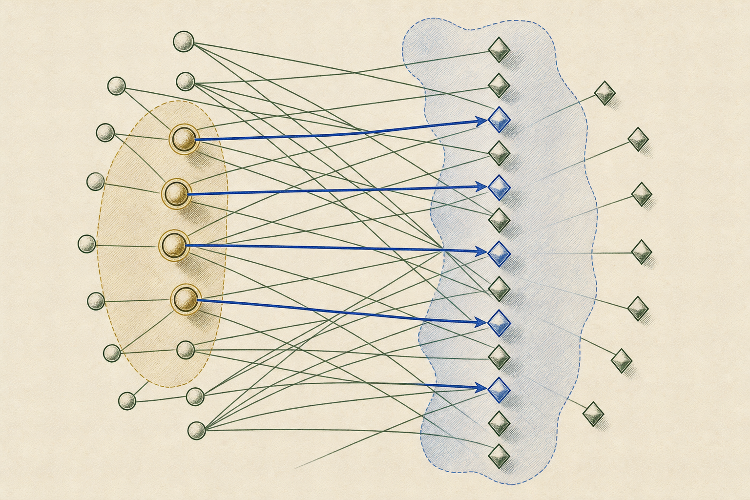 A representative bipartite graph with every maximum-degree source paired to a distinct adjacent target.