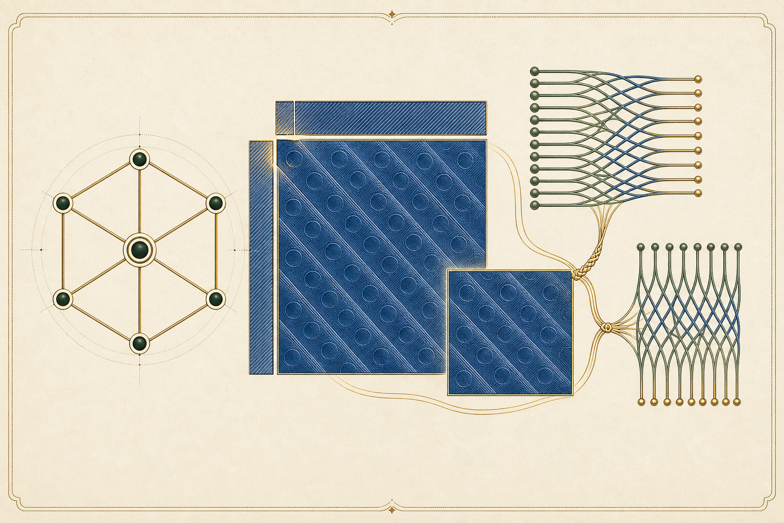 A rooted wheel graph is tethered to a signed-incidence grid whose root row is removed before multiplication by its transpose.