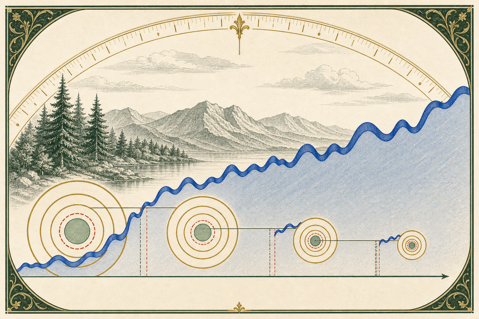 An alpine landscape contains a rising blue wavelike band above a horizontal green axis. Four shrinking concentric gold targets sit along the axis, each paired with dashed vertical markers beneath a broad gold gauge.