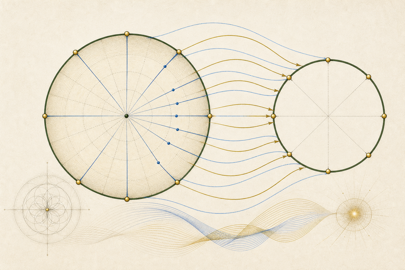 A filled disk with fixed gold boundary points maps by radial threads and gold paths to a boundary circle.