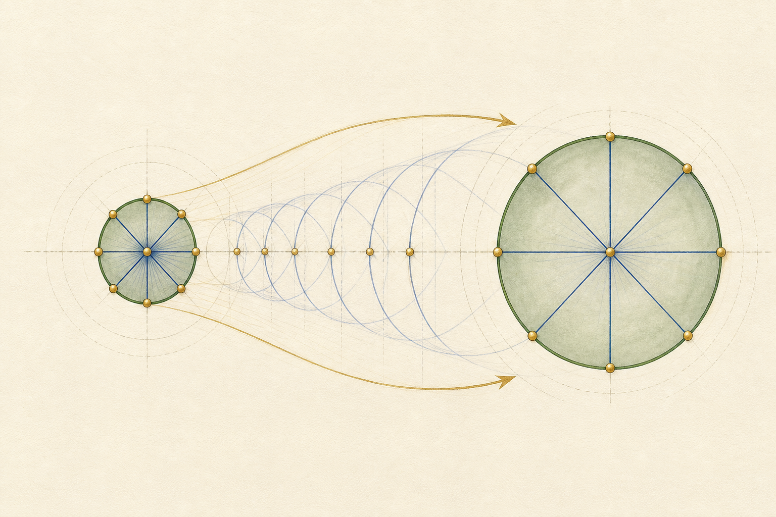 A compact constant circle state expands continuously into a full registered identity circle.