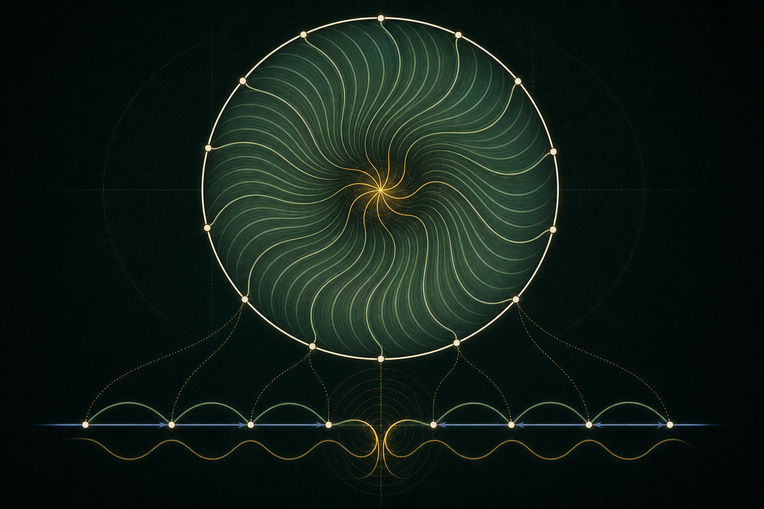 A luminous fixed circle bounds a filled disk whose continuous interior ribbons wind toward an unresolved gold obstruction, with a restrained covering-line motif integrated below.