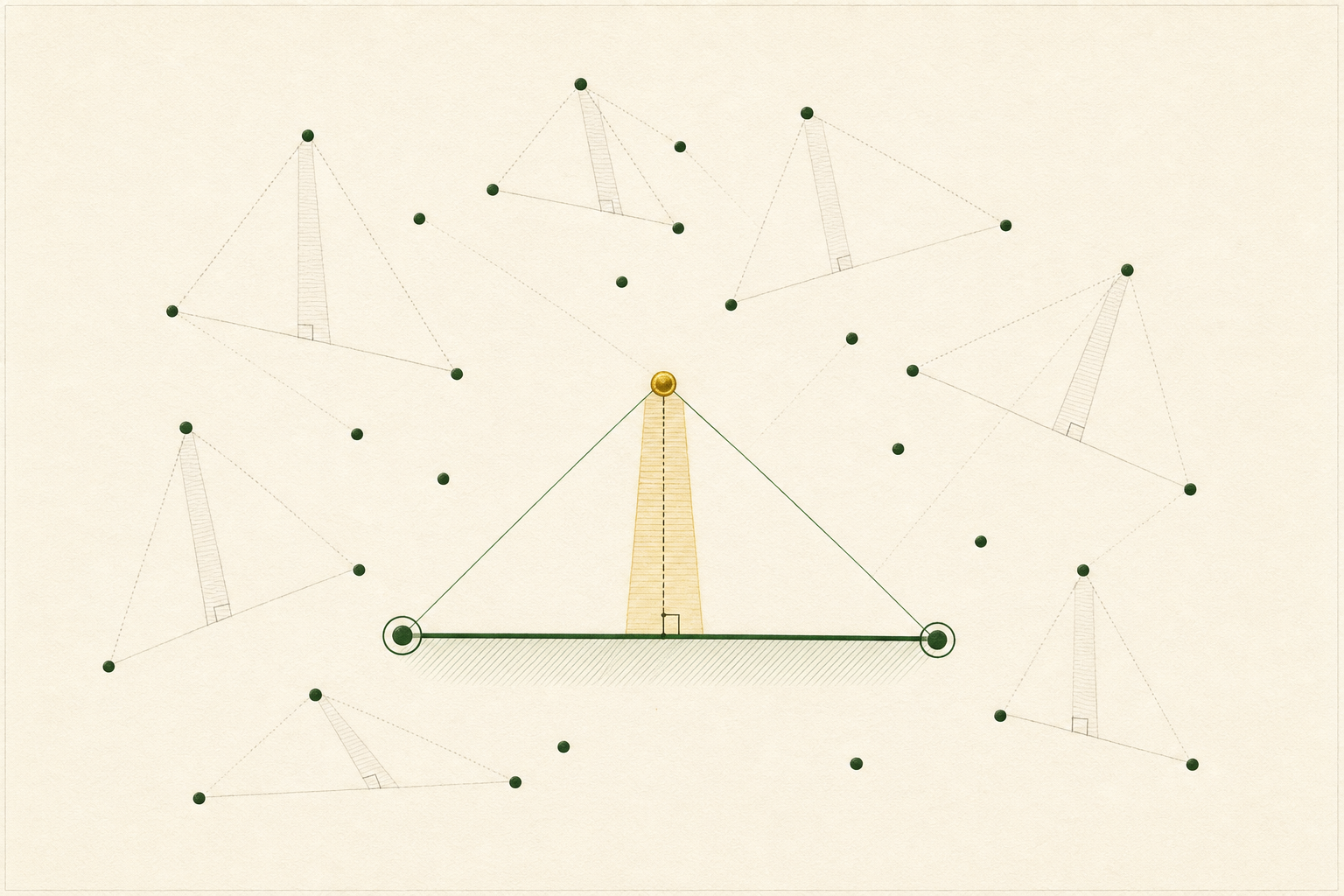 A finite real-plane constellation surrounds one highlighted minimum-score triple with a gold altitude ribbon and green base.
