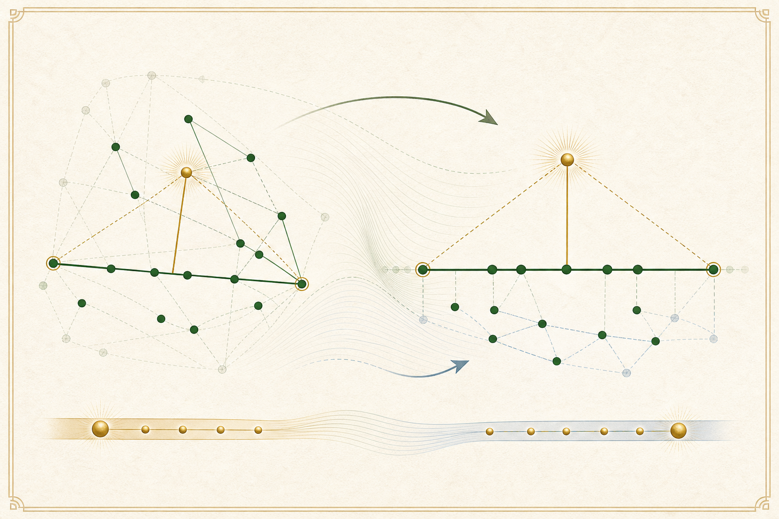 The selected finite configuration moves into a normalized horizontal base with its off-line gold witness preserved.