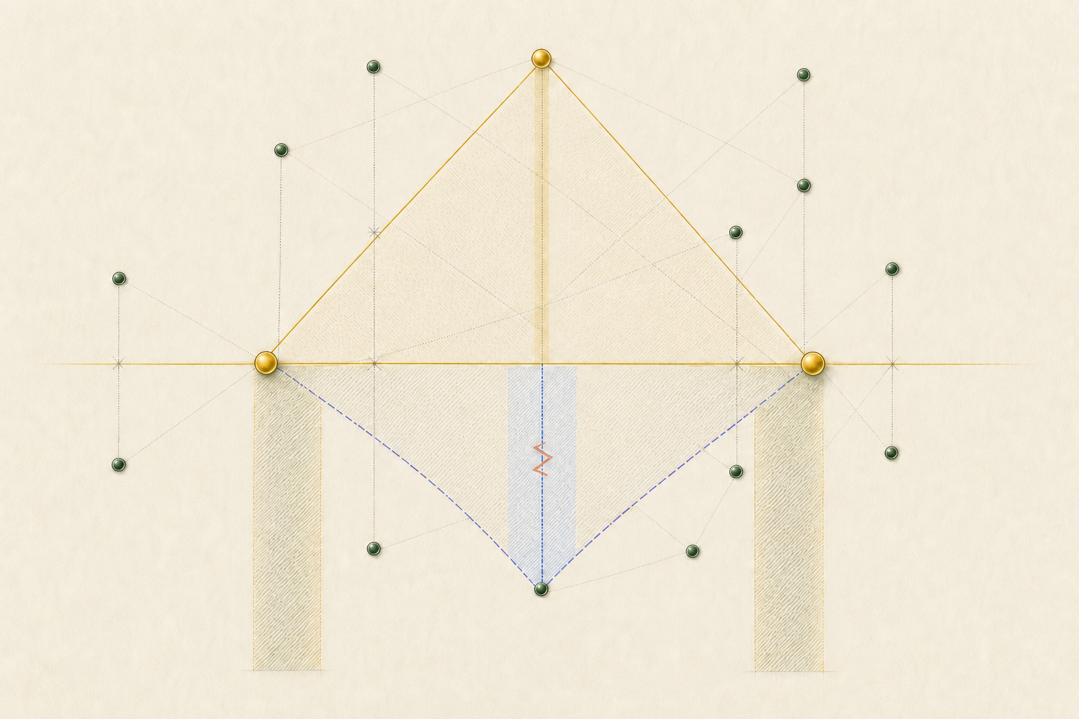 Exactly two gold points lie on a fading gold ordinary line while a blue shorter-score counterfactual ends at a small vermilion fracture.