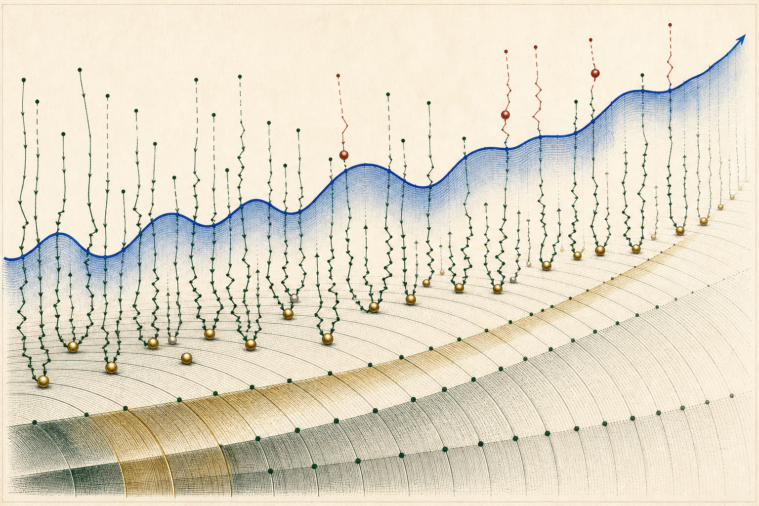 Many forest-green Collatz trajectories descend to distinct antique-gold minimum beads beneath a broad, gently oscillating cobalt threshold ribbon; widening harmonic contours suggest logarithmic weighting, while a sparse vermilion set remains exceptional.