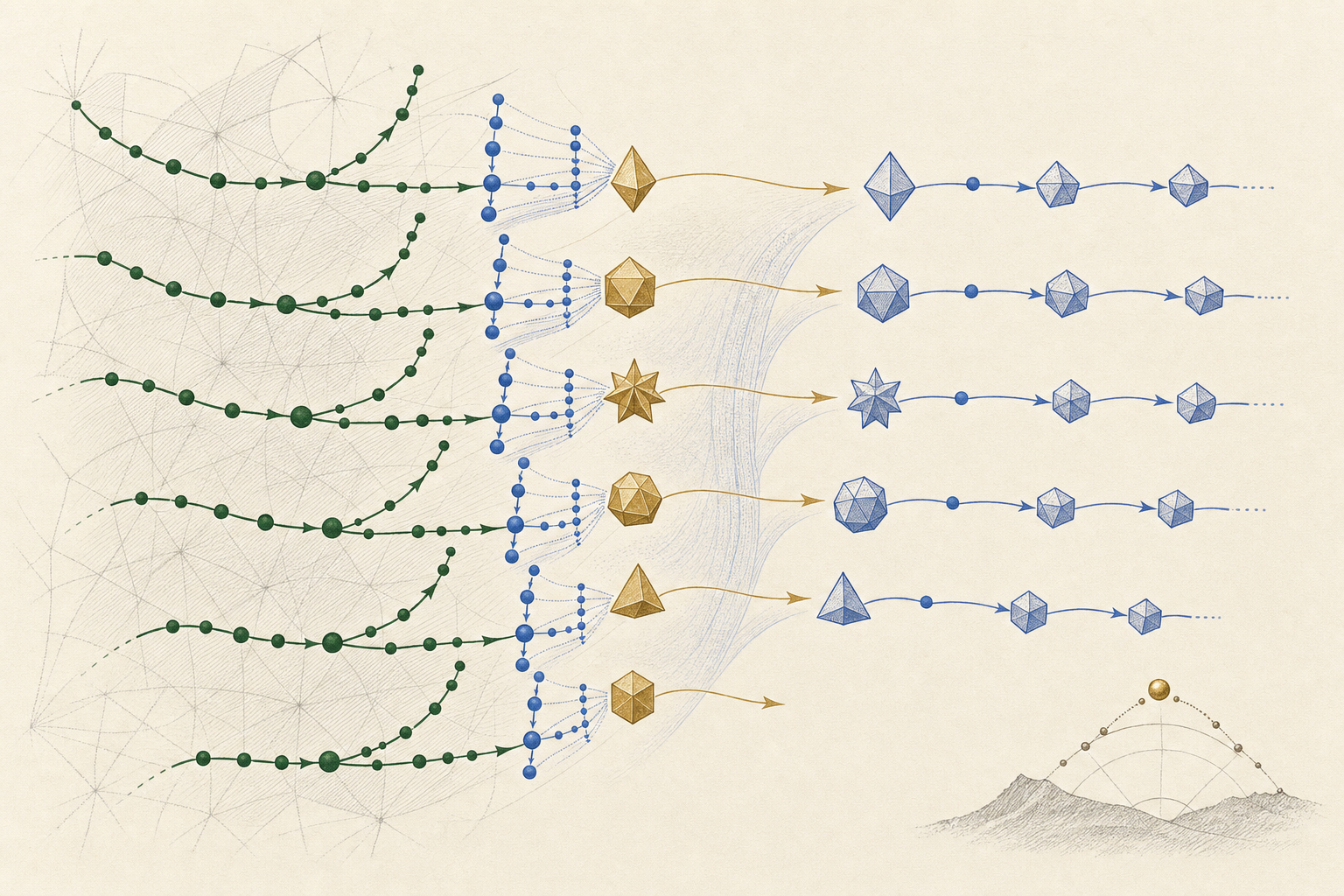 Forest-green standard Collatz paths approach a central cobalt valuation spine, where antique-gold odd cores emerge and continue as shorter cobalt Syracuse paths; faint powers-of-two geometry remains behind the unbranched trajectories.
