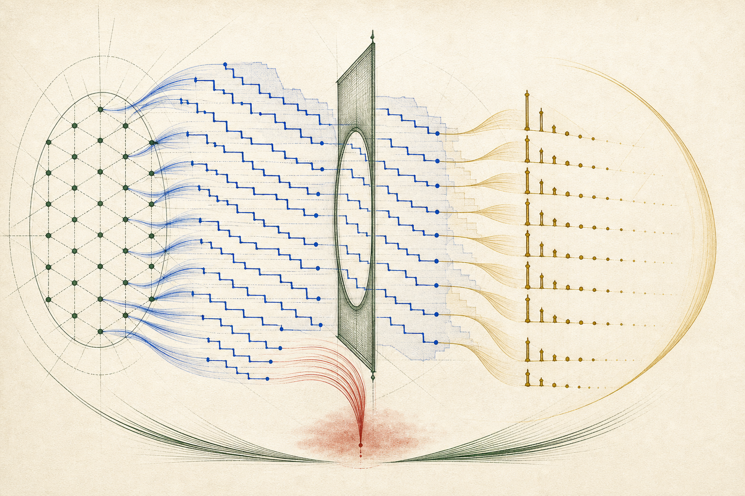 An ordered residue lattice feeds cobalt step-height sequences through a narrow comparison screen and into nearly aligned antique-gold distributions, with a small vermilion spill indicating controlled approximation error rather than exact equality.