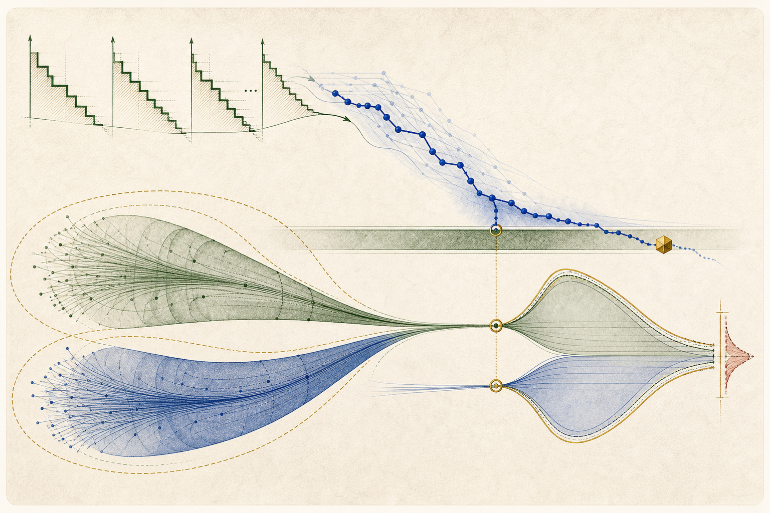 Repeated green valuation staircases feed a descending cobalt first-passage trajectory toward a gold threshold ring, while two broad green and cobalt source-window distributions narrow through matched gold checkpoints into closely aligned passage profiles.