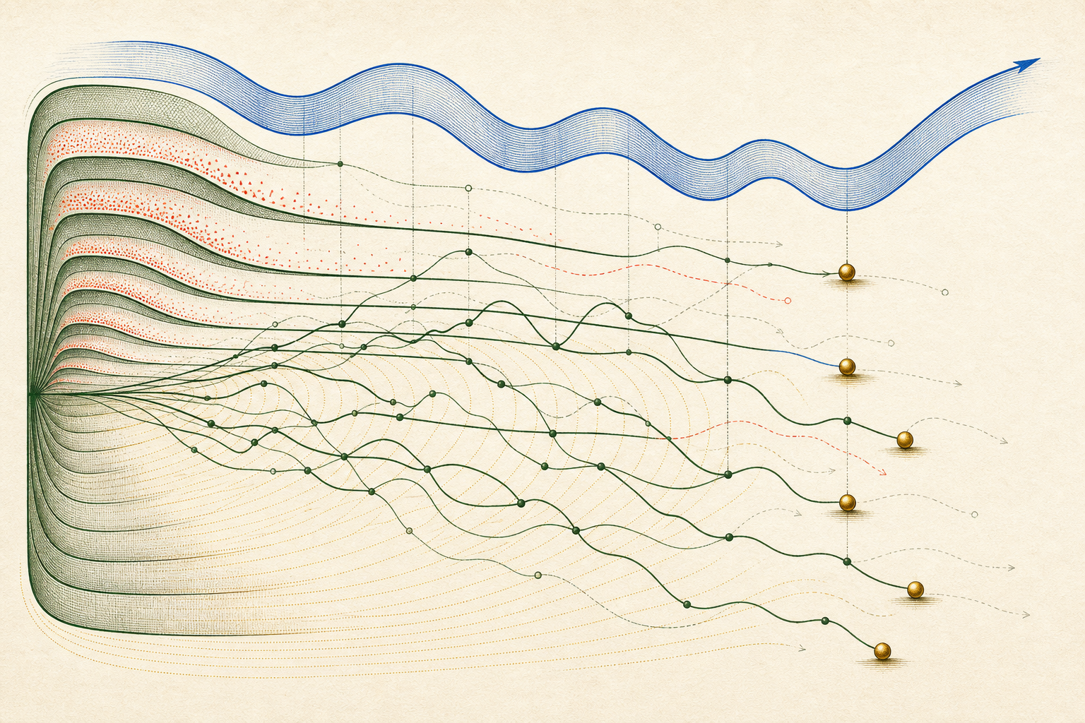 Many forest-green orbit traces fan from a shared scale construction toward distinct antique-gold minimum beads, while a thick cobalt threshold ribbon oscillates but rises across the top and sparse vermilion exception traces fade between successive finite thresholds.